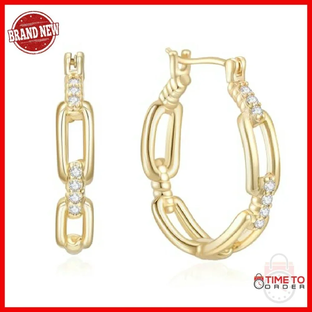 14K Gold Plated Hoop Earrings 30mm Cable Design Zircon Accent
